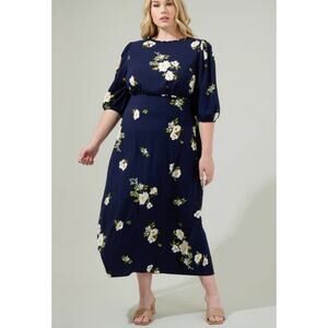 Baltic Born Karalie Maxi Dress Womens 1X Navy Floral Smocked Back Wedding Guest